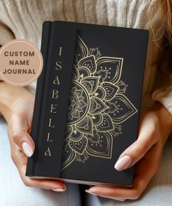 Personalized Mandala Journal, Custom Name Notebook, Black and Gold Book, Mindfulness, Birthday & Graduation Gift, Meditation Notebook